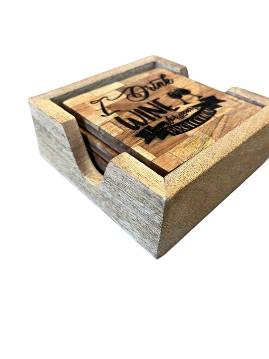 Set of 4 square wood coasters with holder , wine design