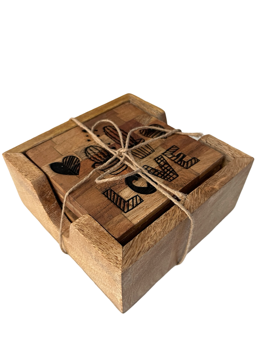 Wood square coaster with holder , engraved .