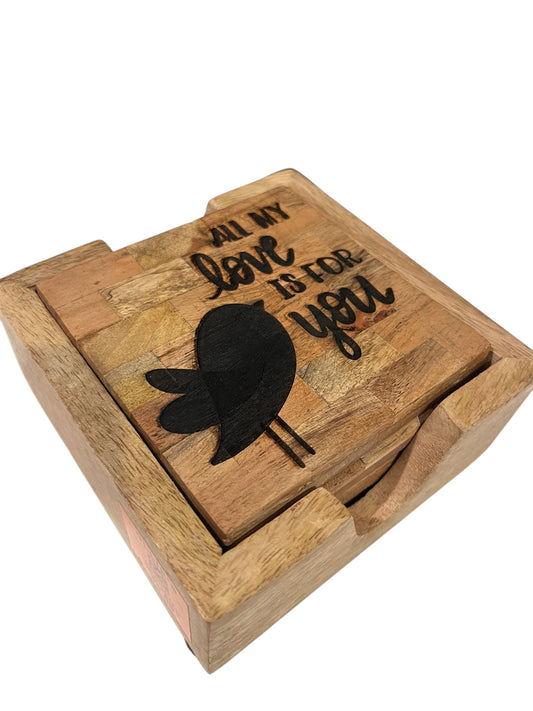 Set of 4 wood square coaster with holder love design