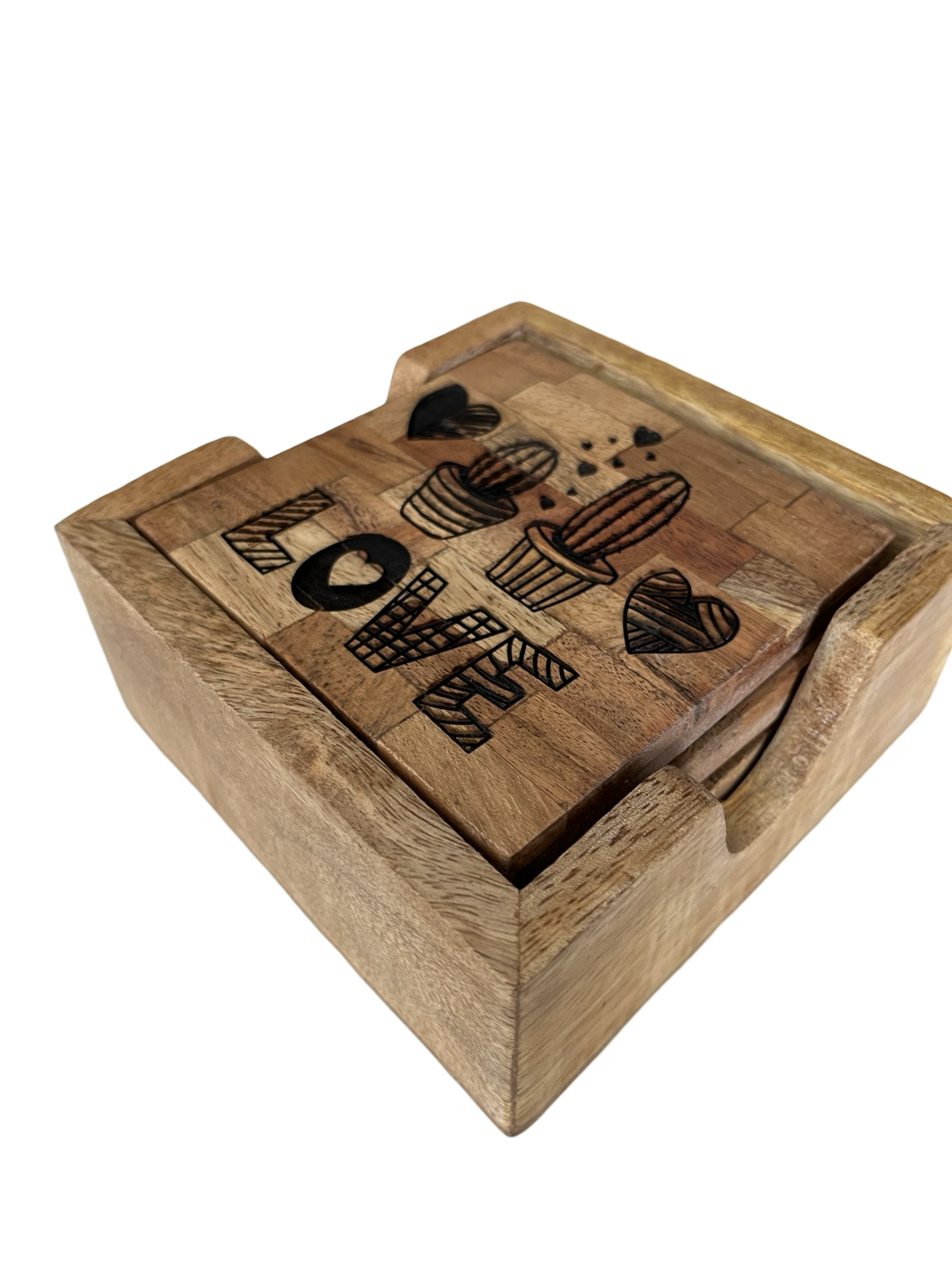 Wood square coaster with holder , engraved .