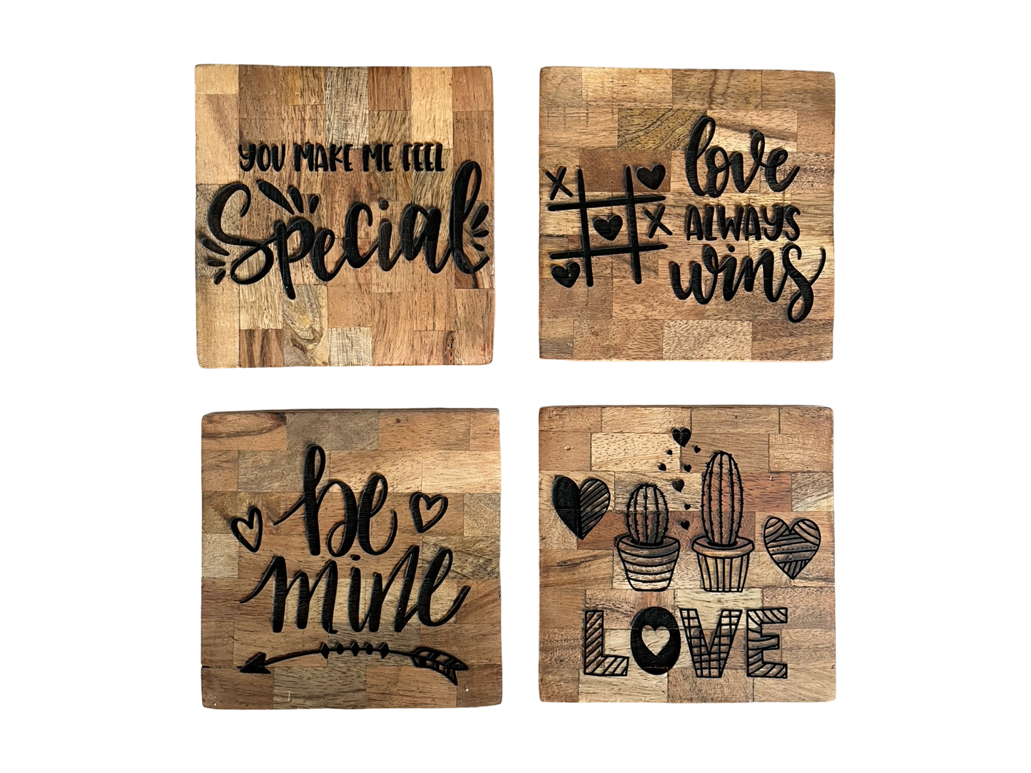 Wood square coaster with holder , engraved .