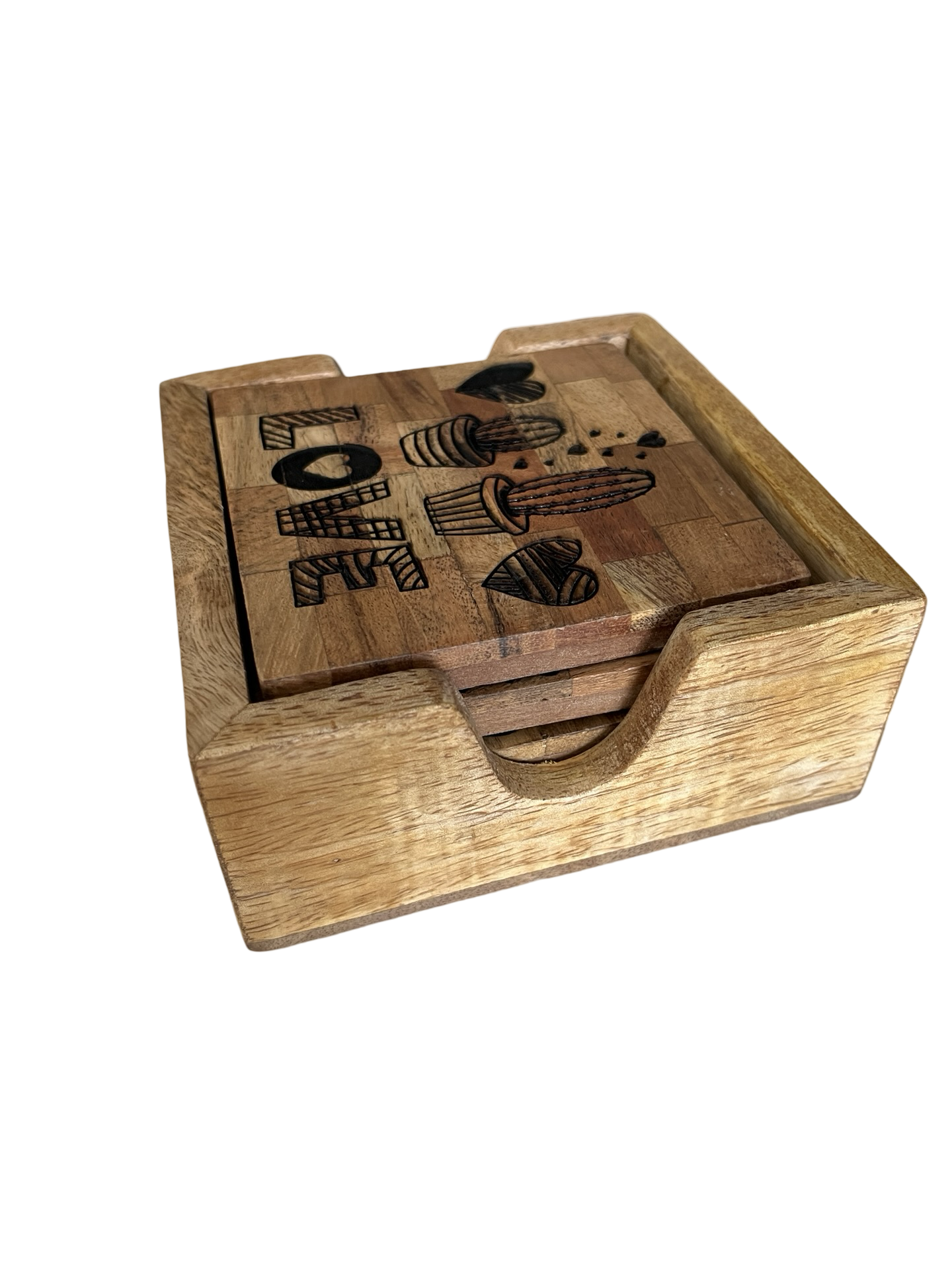 Wood square coaster with holder , engraved .