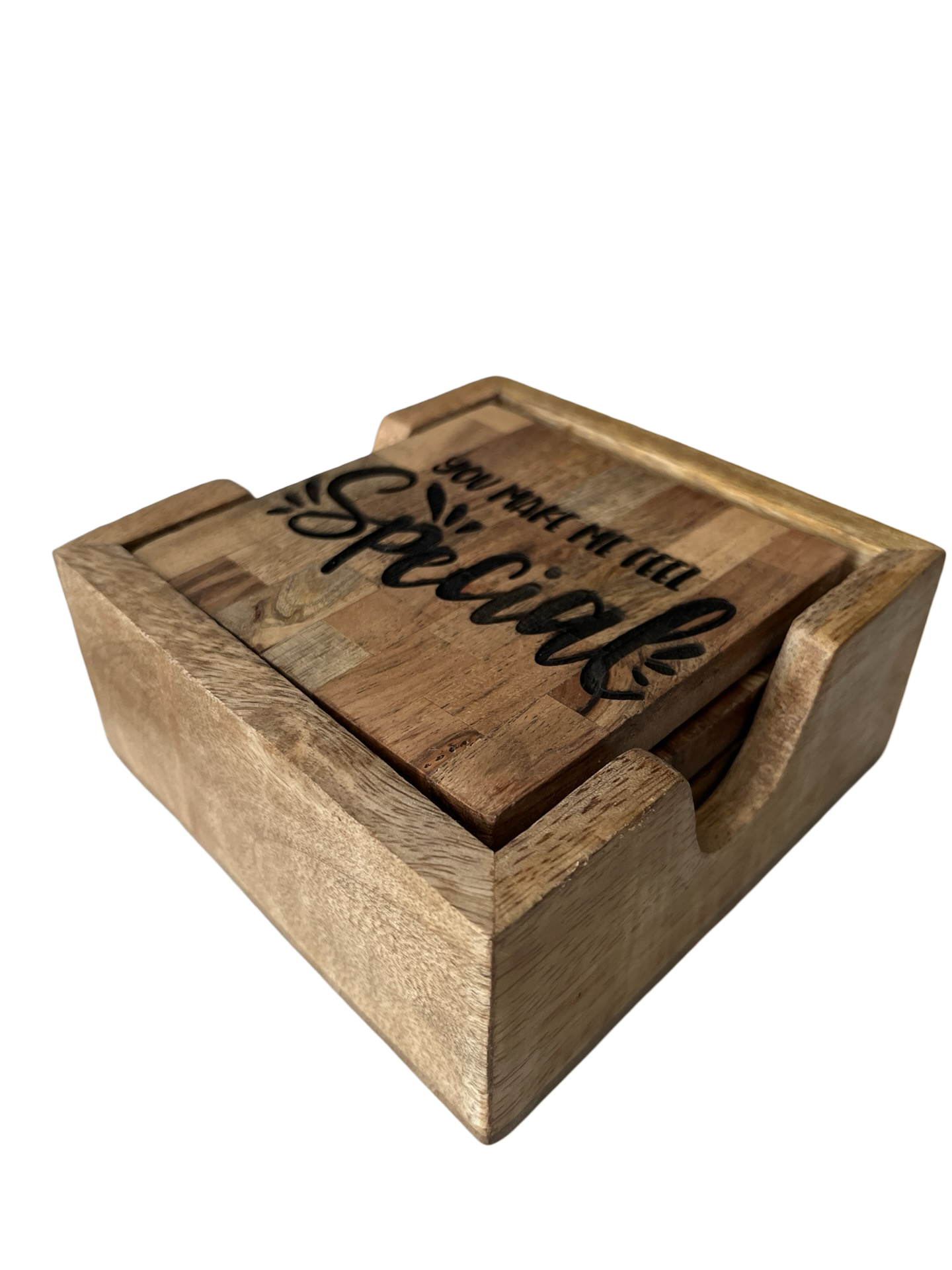 Wood square coaster with holder , engraved .